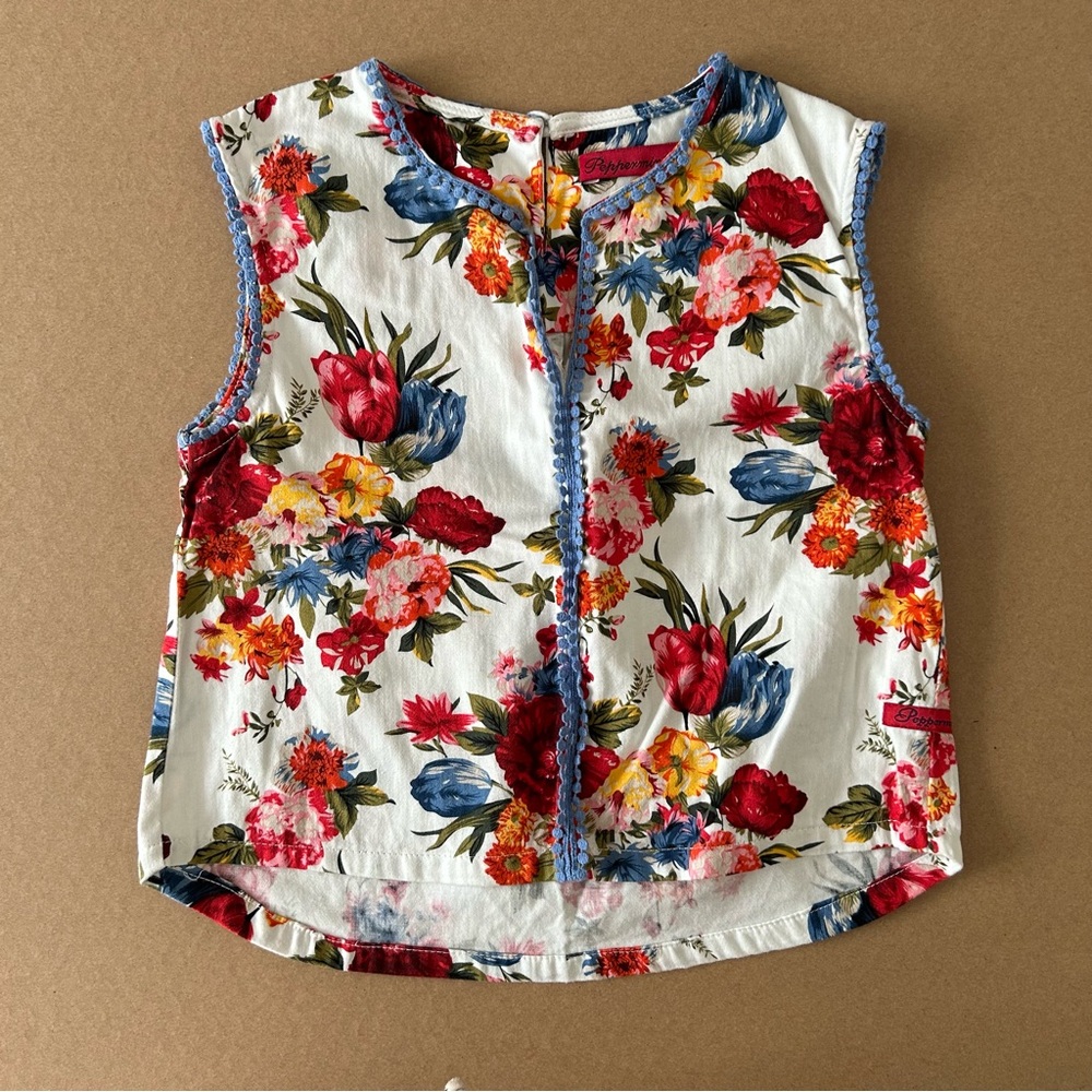 Peppermint Girls Top Size 8 Floral Cottagecore Sleeveless Cream Red Summer Shirt